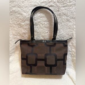 Nine West Brown Geometric Canvas Tote with Black Straps